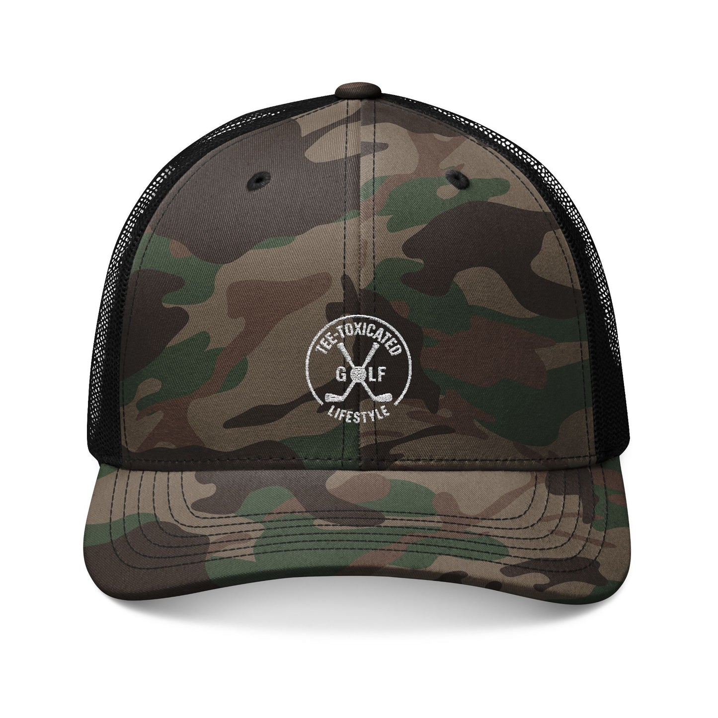 Tee‑Toxicated Camo Trucker Hat — Embroidered Crest, Breathable Mesh Back