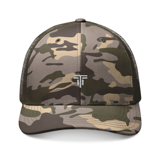 Camo Trucker Golf Hat — Embroidered Crest, Breathable Mesh Snapback