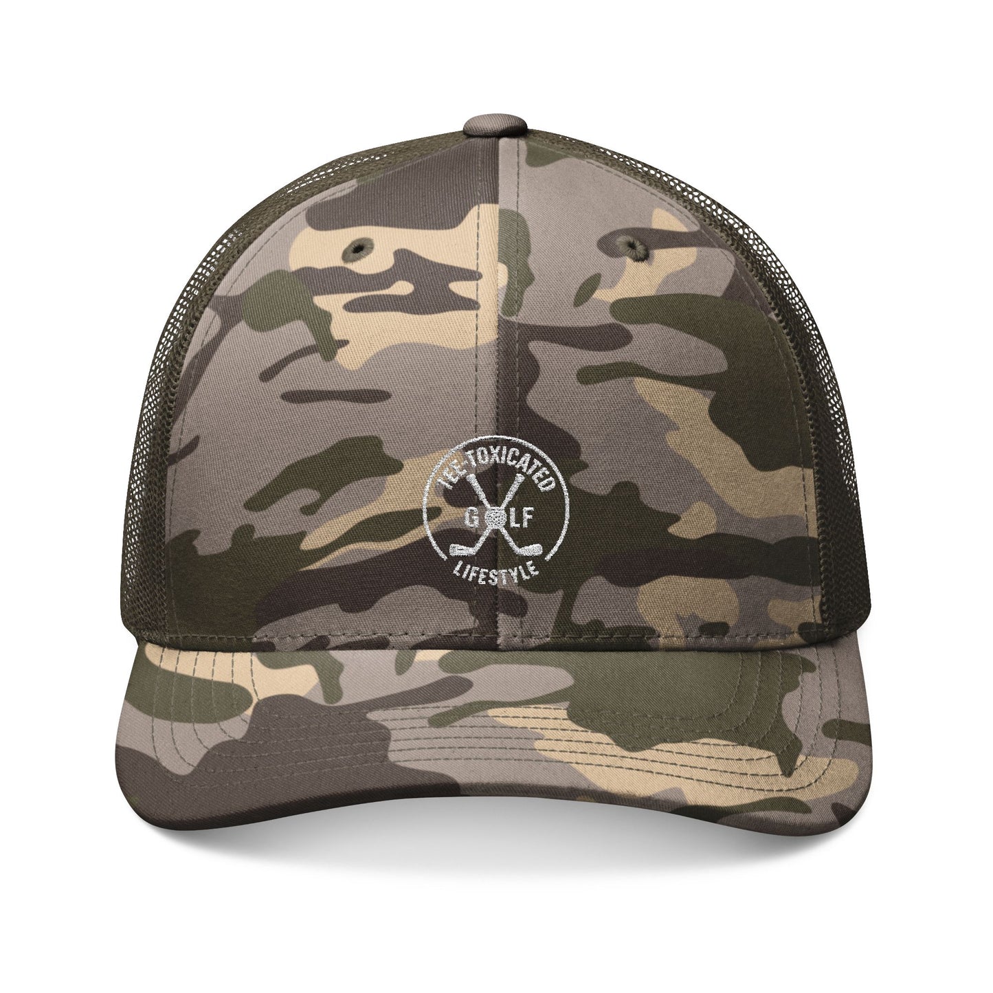 Tee‑Toxicated Camo Trucker Hat — Embroidered Crest, Breathable Mesh Back