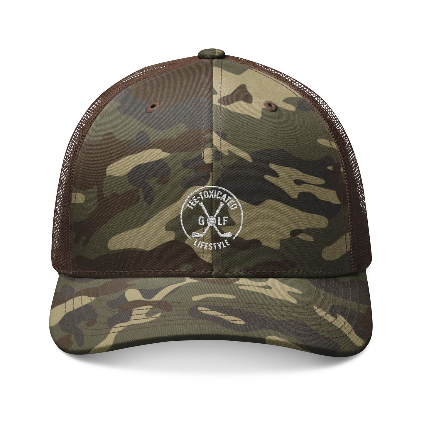 Tee‑Toxicated Camo Trucker Hat — Embroidered Crest, Breathable Mesh Back