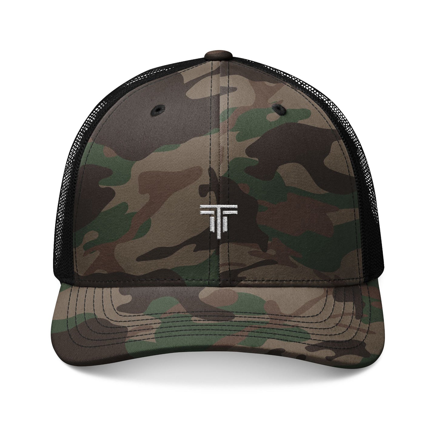 Camo Trucker Golf Hat — Embroidered Crest, Breathable Mesh Snapback